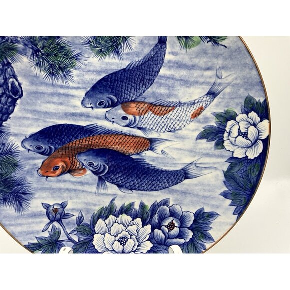 Japanese Vintage Koi Fish and Lotus Blue 12" Charger/Small Platter Collectible - Picture 6 of 14